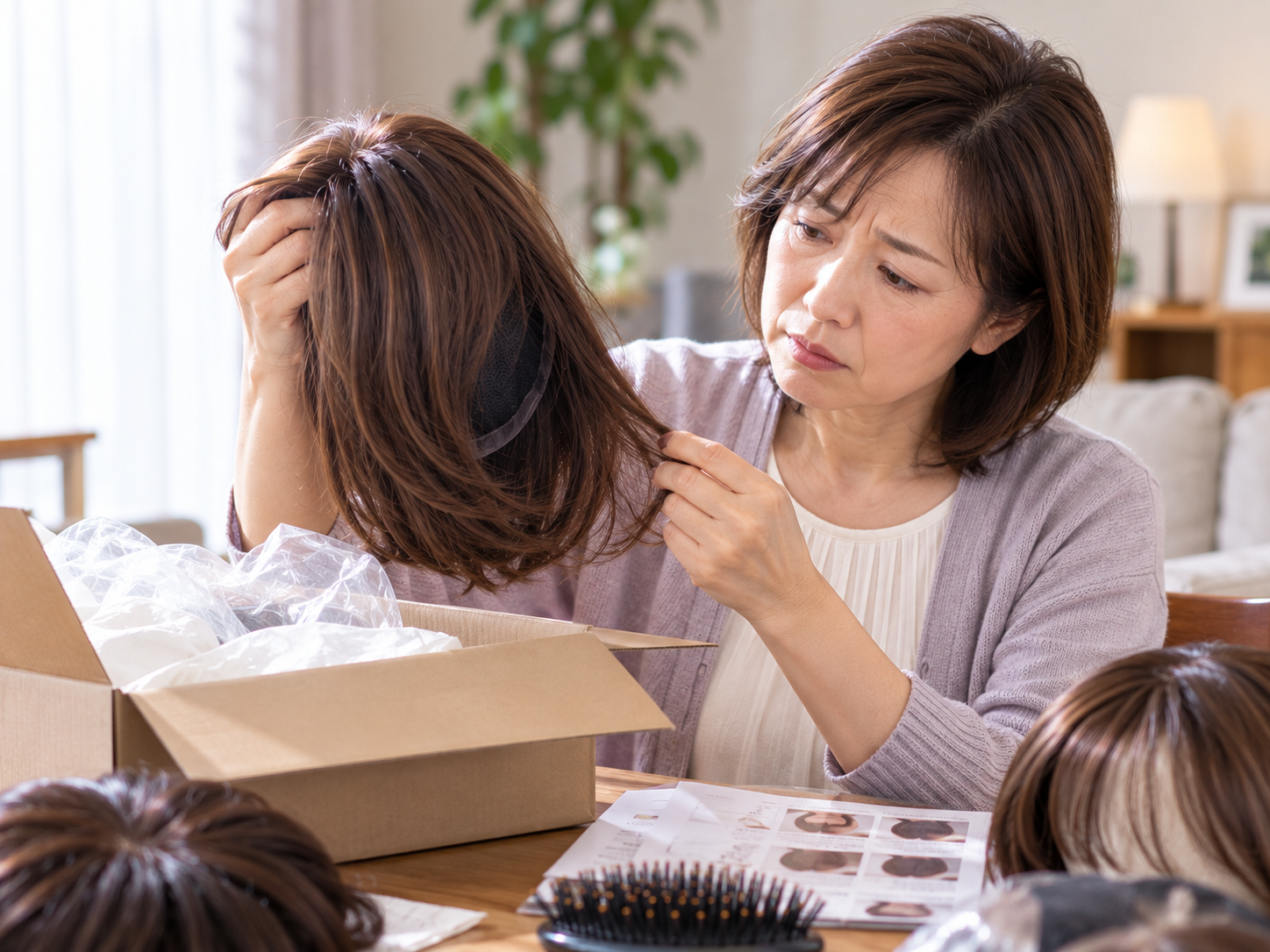 ウィッグを吟味する女性の開封風景